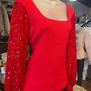 Red Sequin Sleeve Sweater